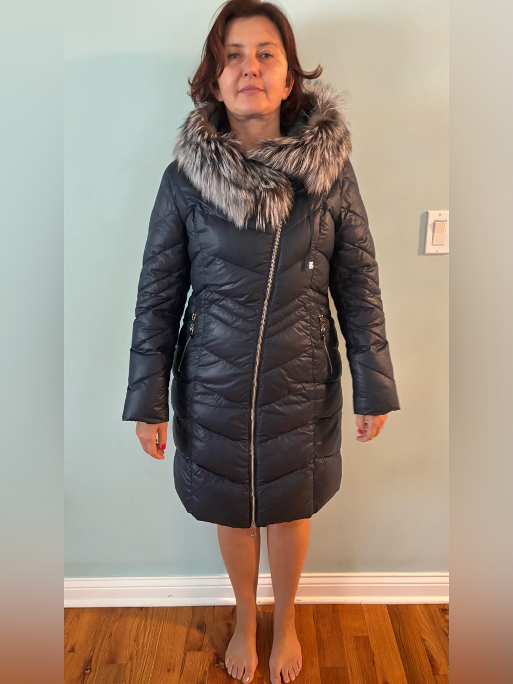 Women's Navy Coat with silver fox Fur Hood euro size 46, US M/L or 10